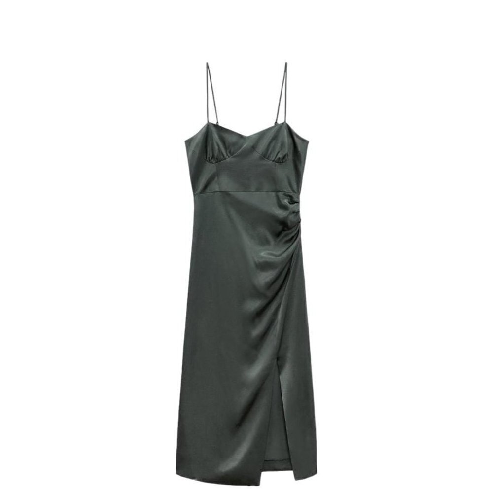 ZARA SATIN DRESS WITH A SLIT DARK GREEN SIZE | 4437/076